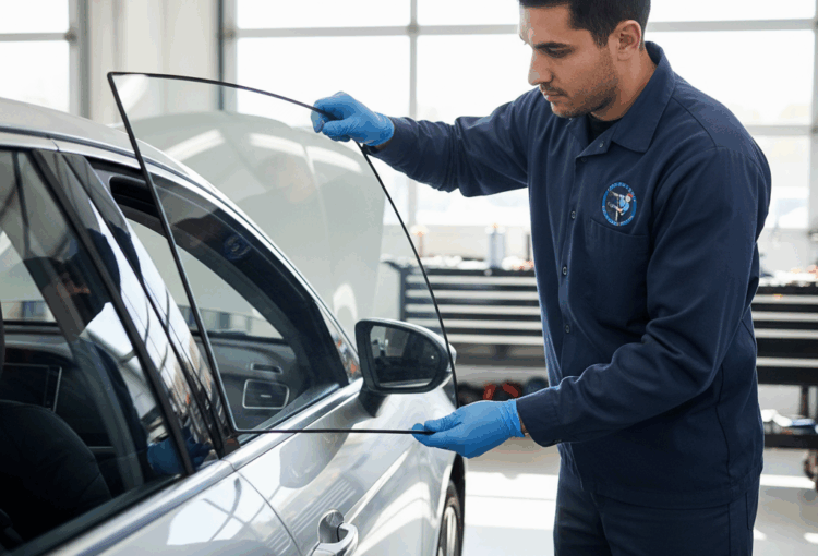 Technician installing the car's side window. (Side Window Replacement )